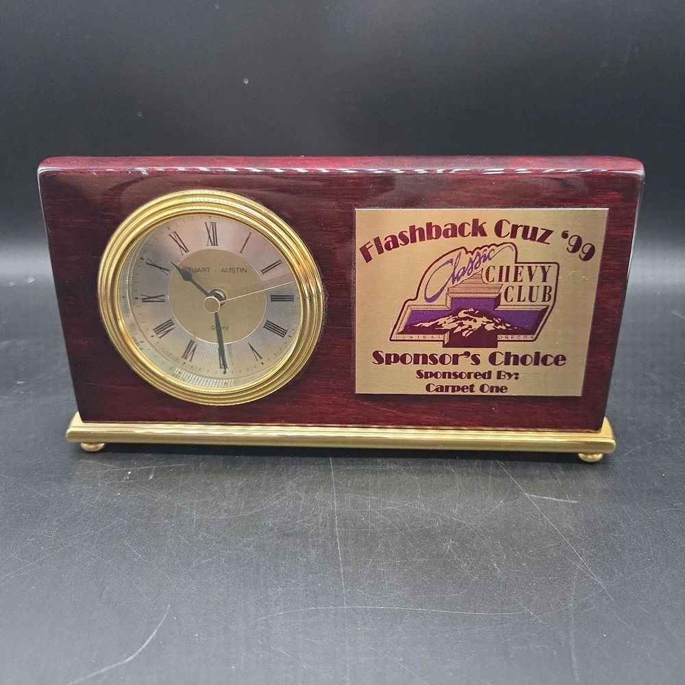 Vintage 1999 Flashback Cruz Car Show Award, Rosewood Piano Finish Desk Clock